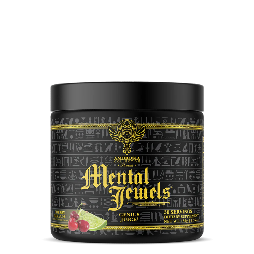 A container of Mental Jewels® Powder Cognitive Matrix with a black and gold design featuring scientific illustrations and text.