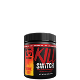 A container of 'KILL SWITCH - Thermogenic Fat Burner' with red and black color scheme and text detailing the product name and flavor, alongside logos and branding.
