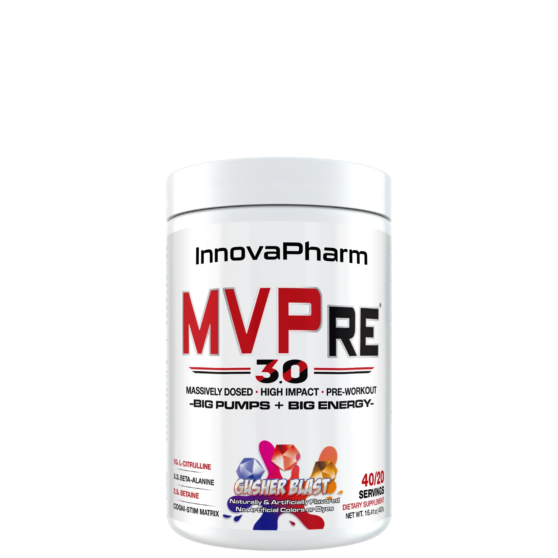 A container of InnovaPharm MVPRE 3.0, a supplement for energy and focus enhancement, with colorful label design.