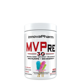 A container of InnovaPharm MVPRE 3.0, a supplement for energy and focus enhancement, with colorful label design.