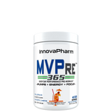 A container of InnovaPharm MVPre 365 pre-workout supplement, with branding and product information displayed on the label.