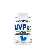 A container of InnovaPharm MVPre 365 pre-workout supplement, with branding and product information displayed on the label.