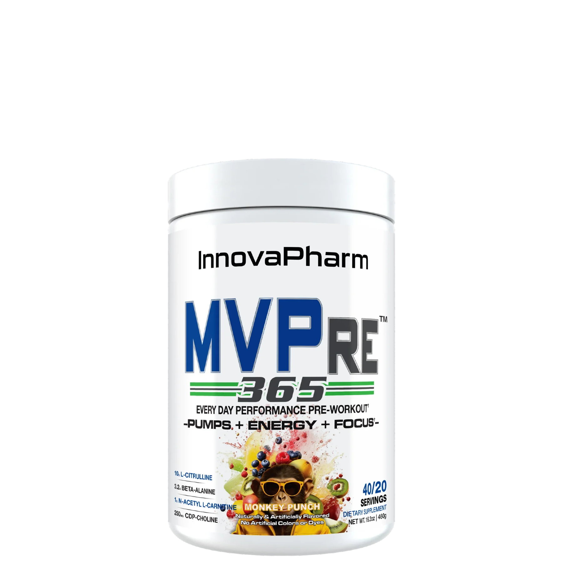 A container of InnovaPharm MVPre 365 pre-workout supplement, with branding and product information displayed on the label.
