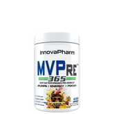 A container of InnovaPharm MVPre 365 pre-workout supplement, with branding and product information displayed on the label.