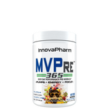 A container of InnovaPharm MVPre 365 pre-workout supplement, with branding and product information displayed on the label.