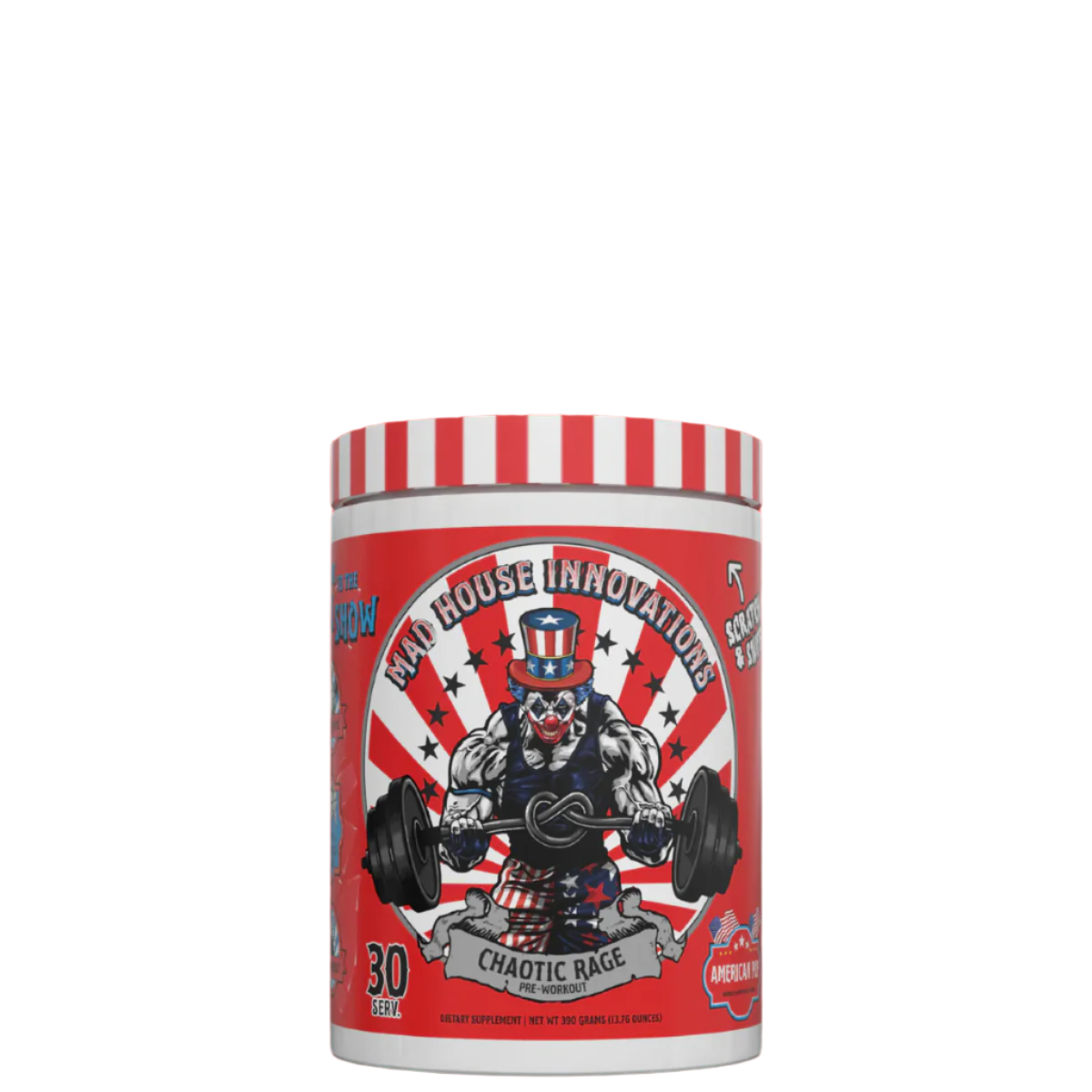 Container of Mad House Innovations Chaotic Rage Pre Workout with a cartoonish character lifting weights on the label, with red and white striped background and text.