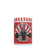 Container of Mad House Innovations Chaotic Rage Pre Workout with a cartoonish character lifting weights on the label, with red and white striped background and text.