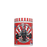 Container of Mad House Innovations Chaotic Rage Pre Workout with a cartoonish character lifting weights on the label, with red and white striped background and text.