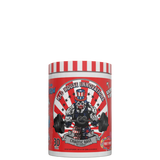 Container of Mad House Innovations Chaotic Rage Pre Workout with a cartoonish character lifting weights on the label, with red and white striped background and text.