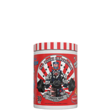 Container of Mad House Innovations Chaotic Rage Pre Workout with a cartoonish character lifting weights on the label, with red and white striped background and text.