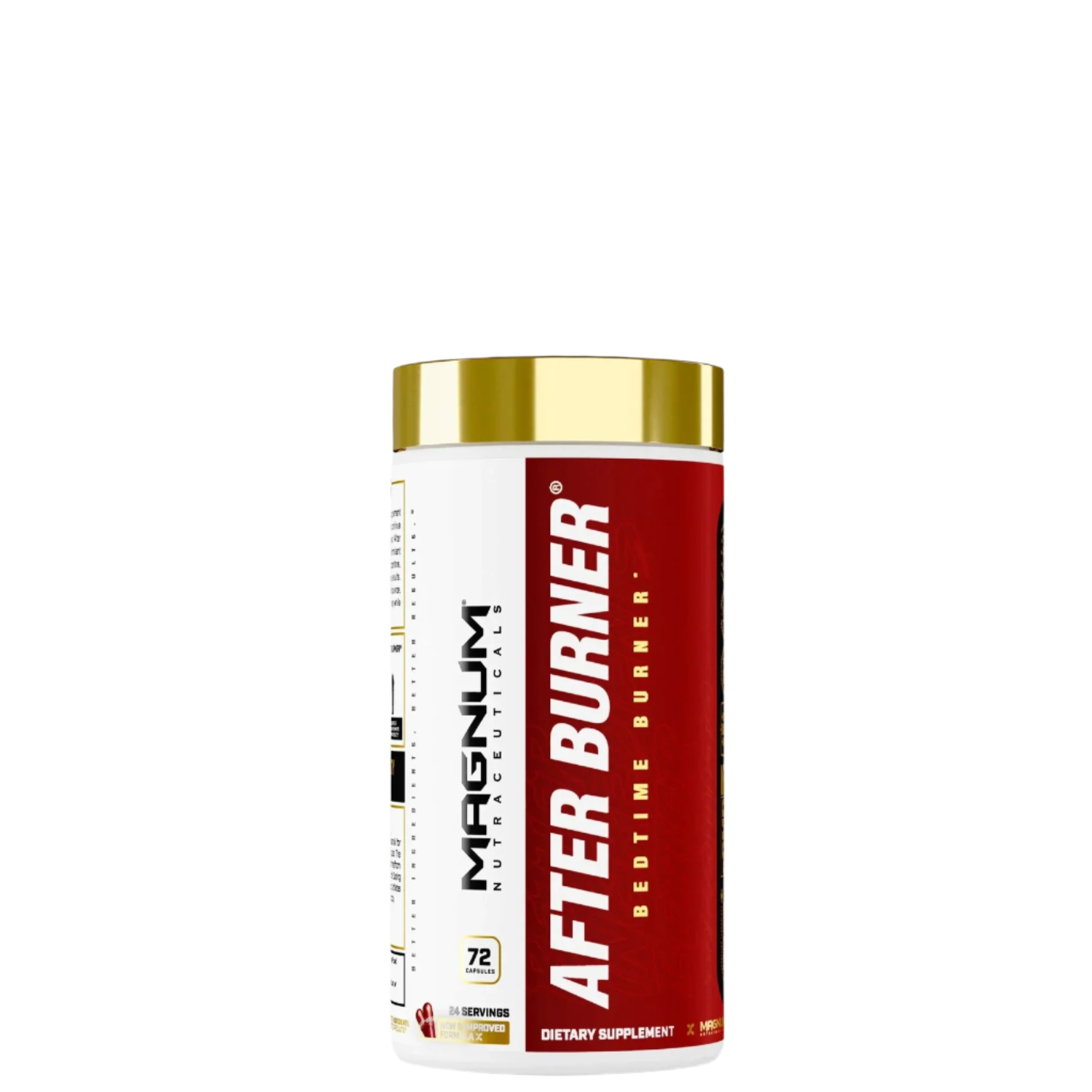 A container of AFTER BURNER nighttime fat burner supplement by MAGNUM SUPPLEMENTS, with a gold lid on top and the product name displayed on the label.