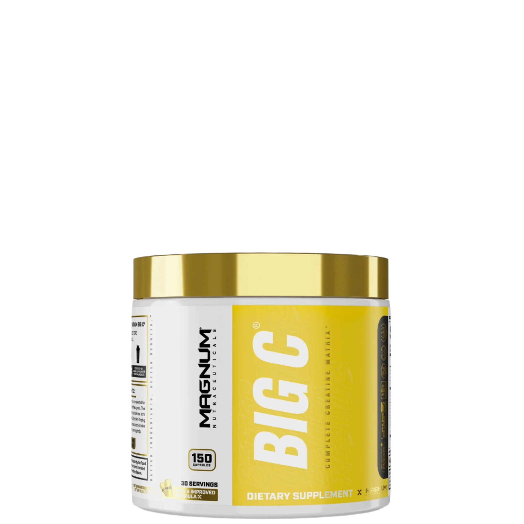 A container of Magnum BIG C dietary supplement with a yellow label, predominantly white with a gold lid on top.