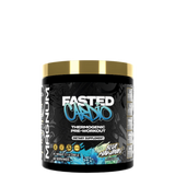 A container of MAGNUM FASTED CARBO, a thermogenic pre-workout supplement with a black and red label, indicating it is designed for fat burning and energy support.