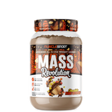 A container of MuscleSport Mass Revolution weight gainer in strawberry banana flavor.