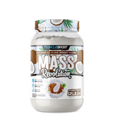 A container of MuscleSport Mass Revolution weight gainer in strawberry banana flavor.