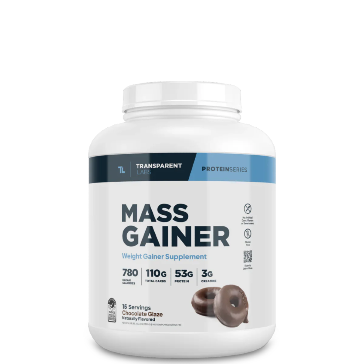 A container of Transparent Labs Mass Gainer powder in white color with product details and branding visible.
