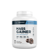 A container of Transparent Labs Mass Gainer powder in white color with product details and branding visible.