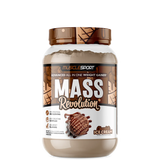 A container of MuscleSport Mass Revolution weight gainer in strawberry banana flavor.