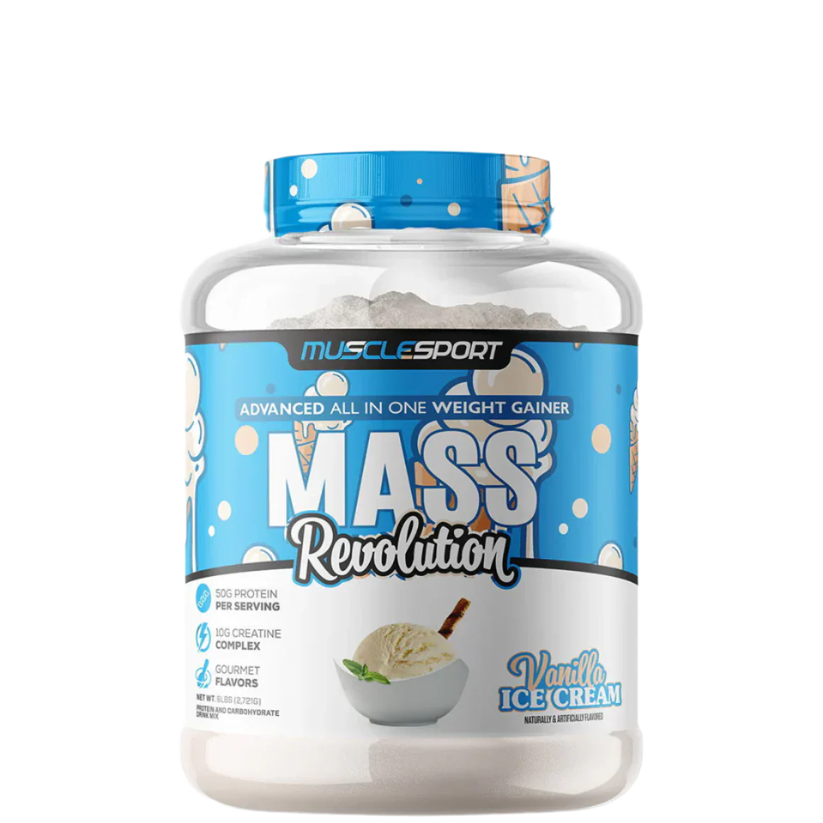 A container of MuscleSport Mass Revolution Mass Gainer in Vanilla Ice Cream flavor.