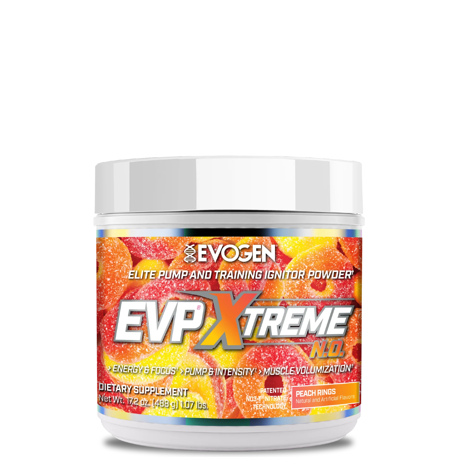 A container of EVP Xtreme N.O. Pre-Workout powder with a colorful label featuring red, yellow, and blue elements.