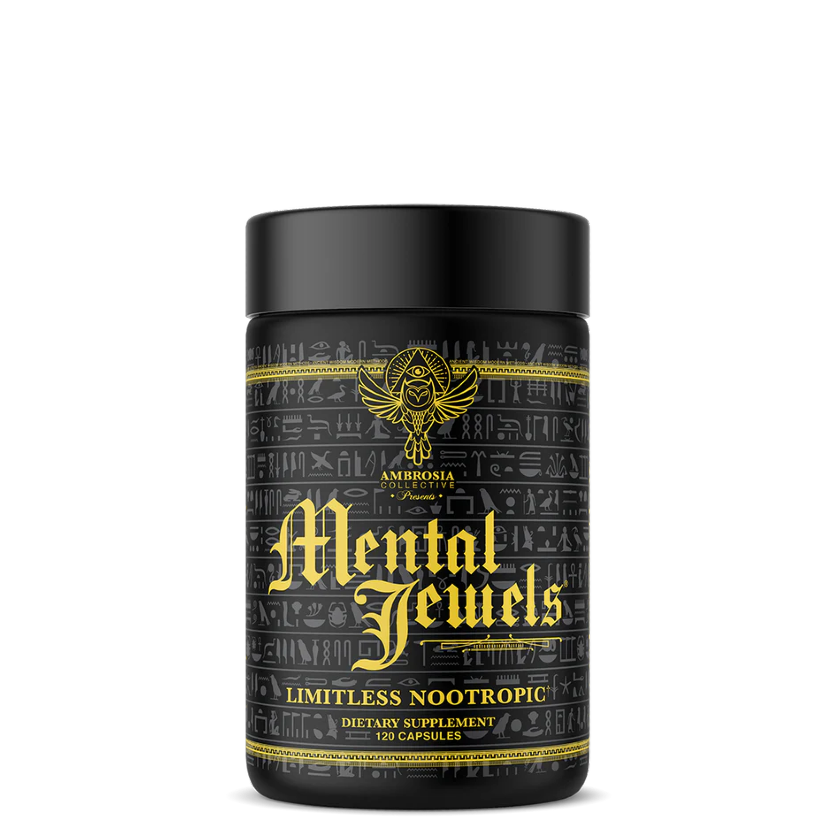 A black container of Mental Jewels nootropic supplement with gold and yellow text and designs.