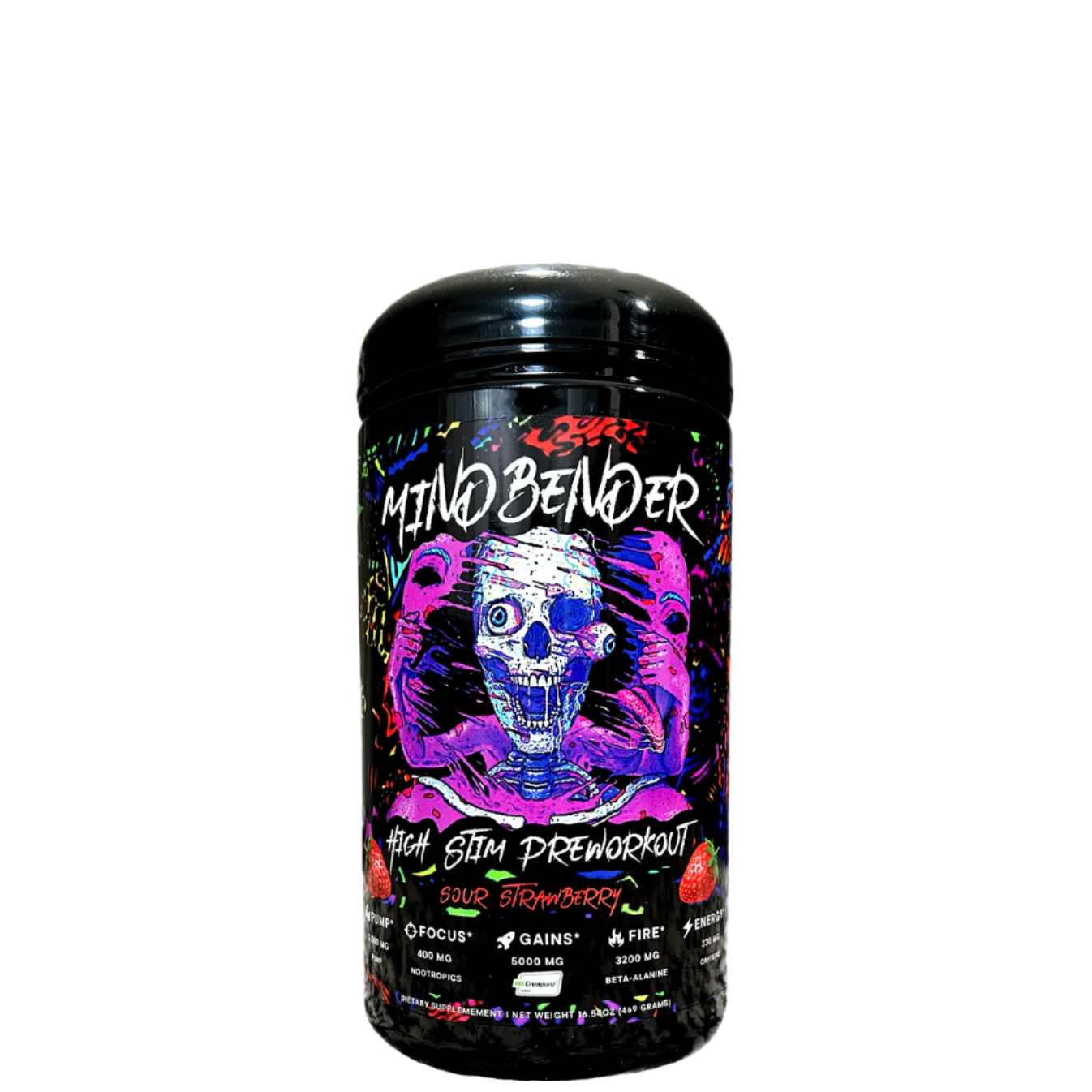 A container of MINDBENDER 6.0 Nootropic High Stim Pre-Workout with Creapure, featuring colorful graphics and text on the label.