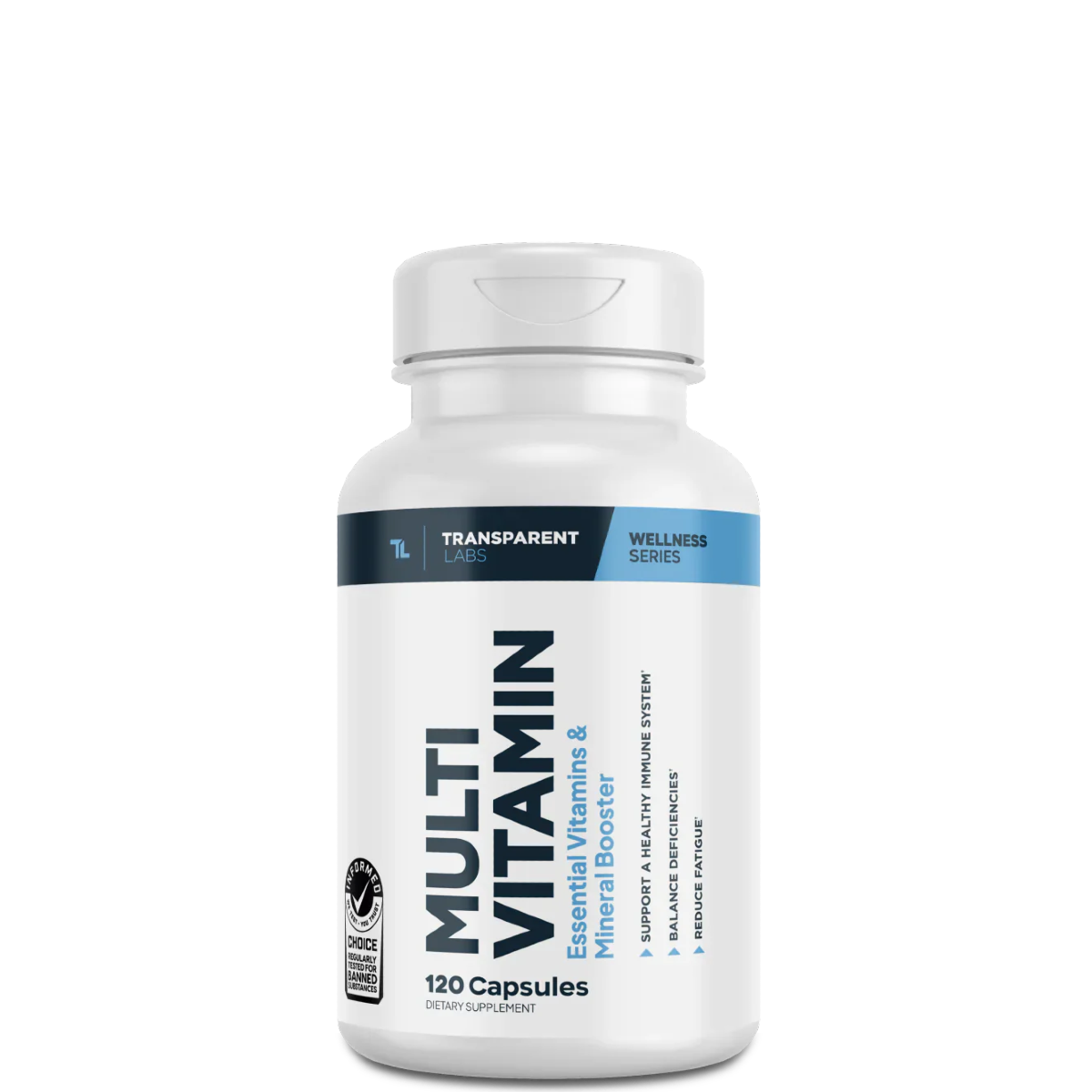A bottle of Transparent Labs Multivitamin supplement with 120 capsules.