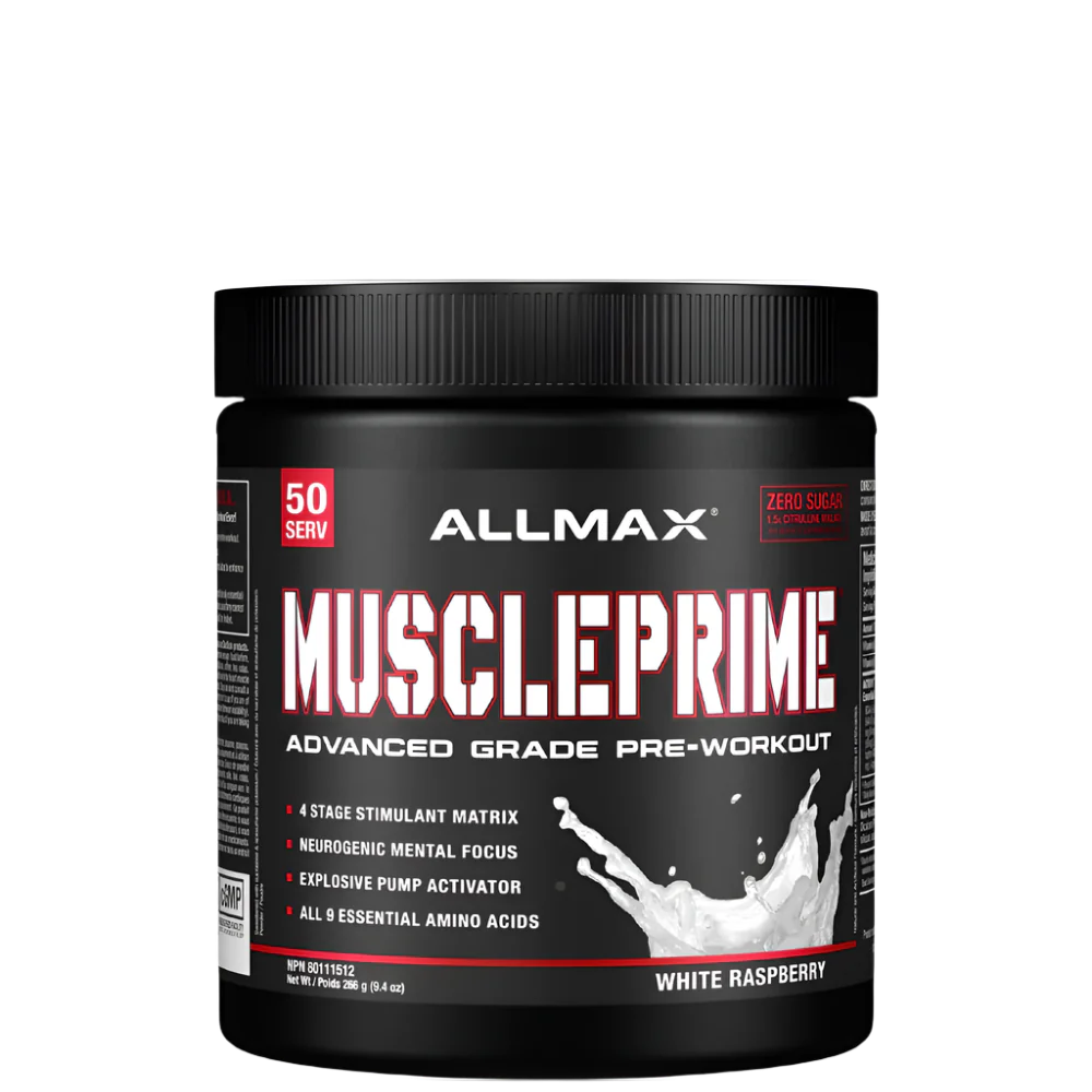 A container of Allmax MusclePrime advanced grade pre-workout powder in white raspberry flavor.