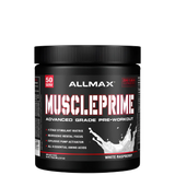 A container of Allmax MusclePrime advanced grade pre-workout powder in white raspberry flavor.