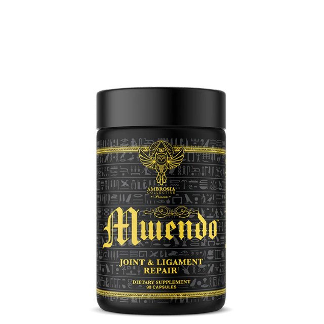 A container of Mwendo Joint & Ligament Repair supplements with a black and gold color scheme.