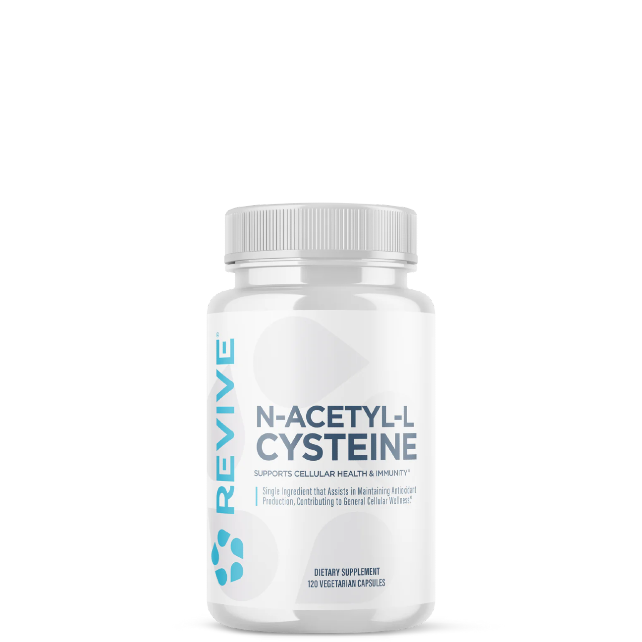 A bottle of Revive Supplements N-acetylcysteine (NAC), a white container with a label that includes the brand name and product description.