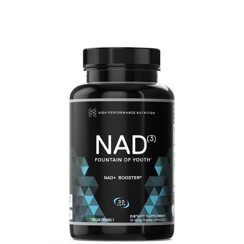 A black bottle with a label that reads 'NAD3 Fountain of Youth NAD+ Booster'. It is labeled as a dietary supplement.