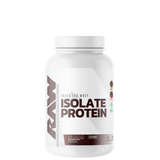A white plastic jar with a label that reads 'RAW ISOLATE PROTEIN'.