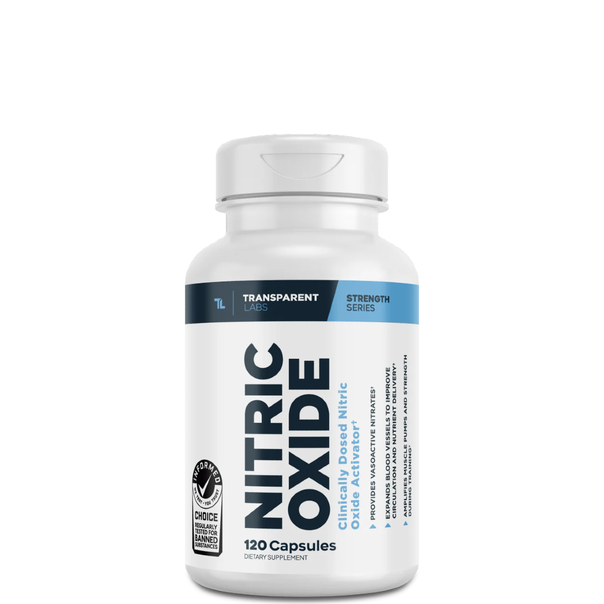 A bottle of Transparent Labs Nitric Oxide Booster with 120 capsules, labeled for muscle pump amplification and nitric oxide synthesis.
