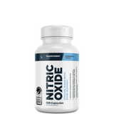 A bottle of Transparent Labs Nitric Oxide Booster with 120 capsules, labeled for muscle pump amplification and nitric oxide synthesis.