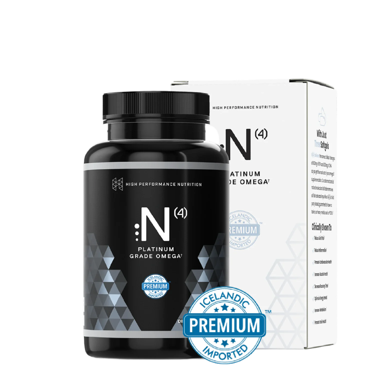 A bottle of N(4) Icelandic Omega-3 Fish Oil capsules next to its packaging box, indicating it is a product from High Performance Nutrition with a 'Platinum Grade Omega'.