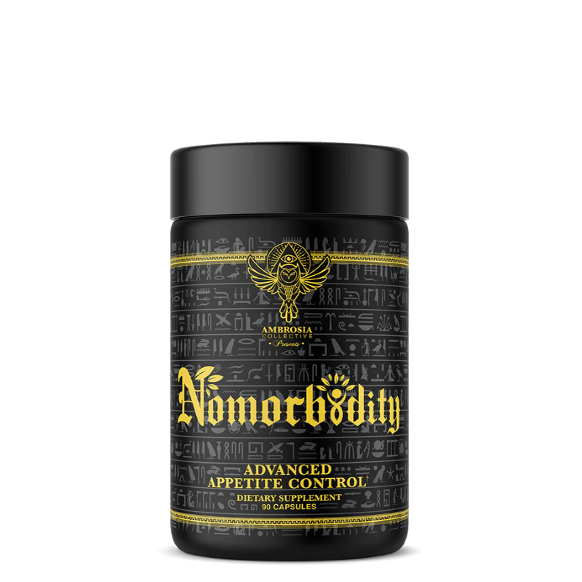 A black container of Nomorbidity dietary supplement with gold and white text and designs.