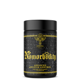 A black container of Nomorbidity dietary supplement with gold and white text and designs.
