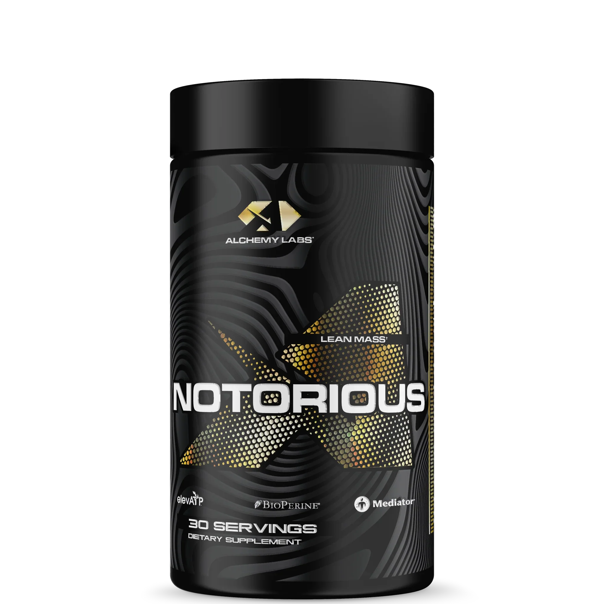 A container of Alchemy Labs NOTORIOUS supplement with a black and gold color scheme, featuring the product name and branding.