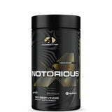 A container of Alchemy Labs NOTORIOUS supplement with a black and gold color scheme, featuring the product name and branding.