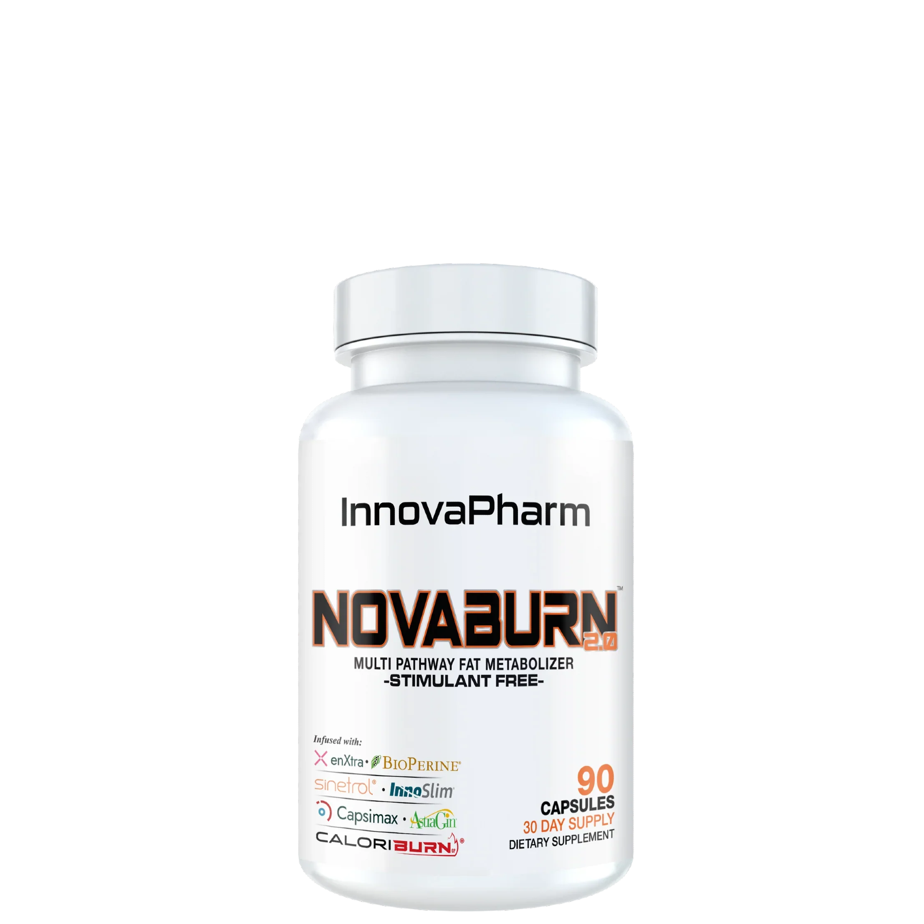 A bottle of Novaburn 2.0 supplement by InnovaPharm with 90 capsules, primarily white in color with text and branding.