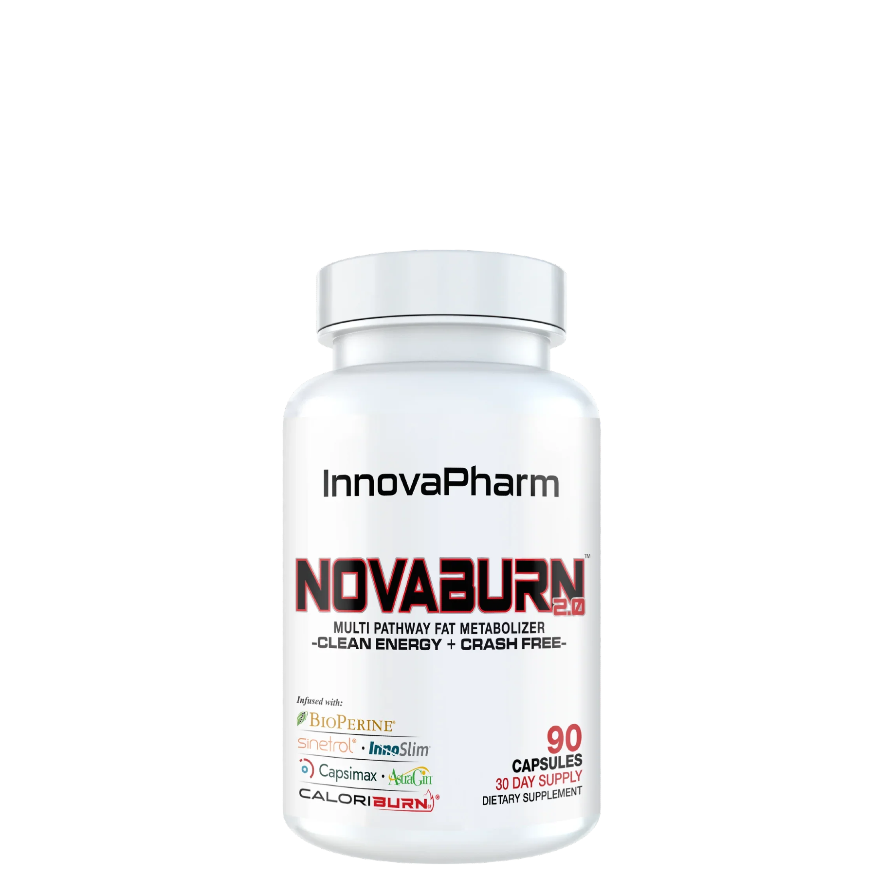 A bottle of Novaburn 2.0 supplement by InnovaPharm with red and black label, indicating it contains 90 capsules.
