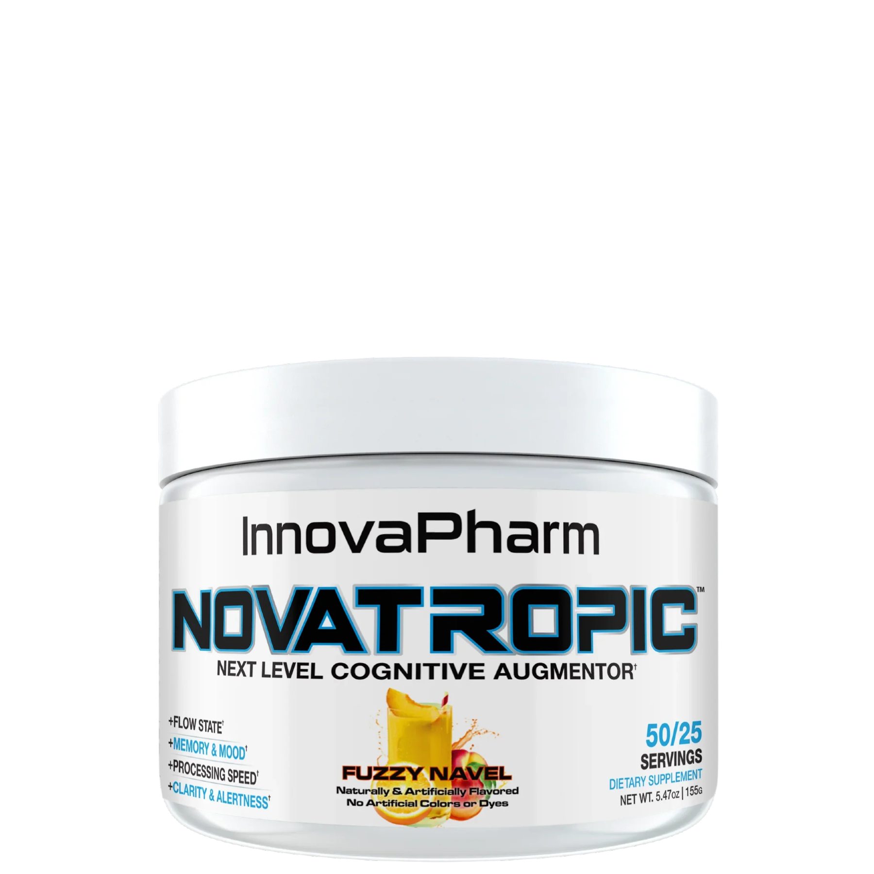 A container of InnovaPharm Novatropic, a cognitive enhancer supplement, with branding and product information displayed on the label.