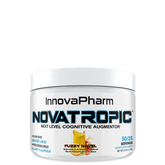 A container of InnovaPharm Novatropic, a cognitive enhancer supplement, with branding and product information displayed on the label.