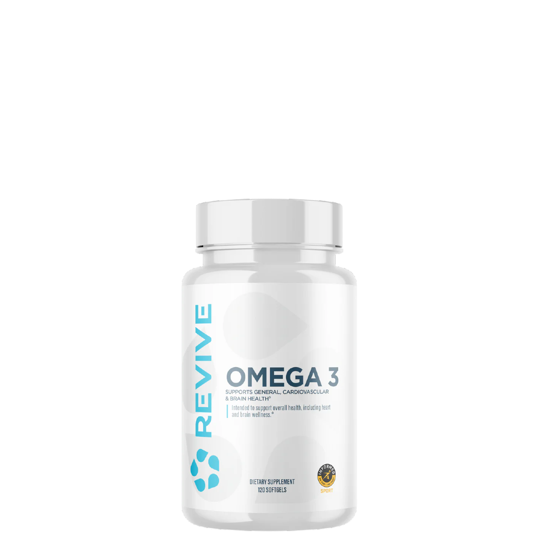 A bottle of Revive Supplements Omega 3 softgels against a white background.
