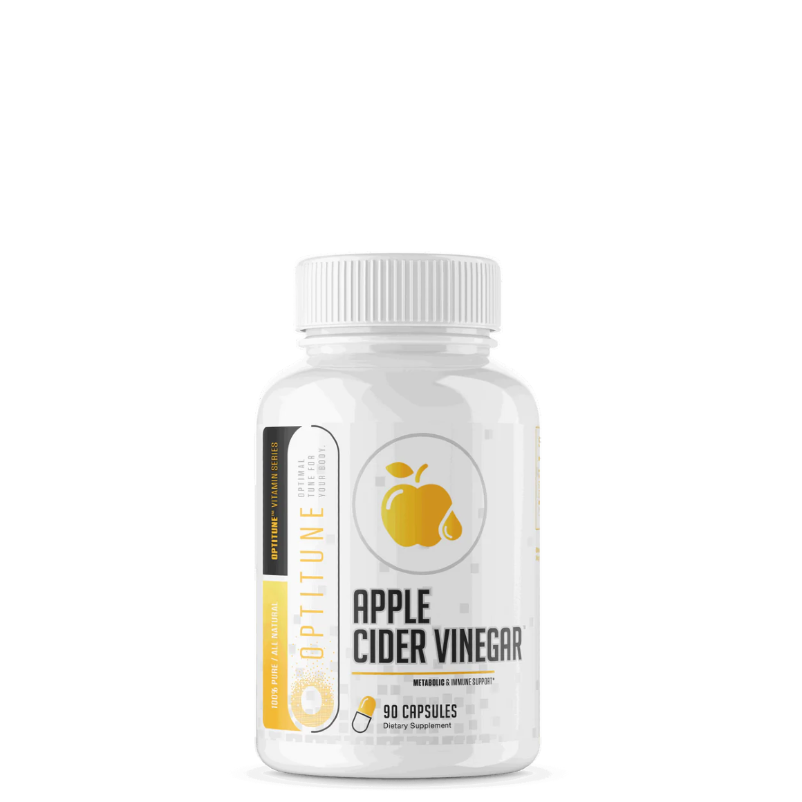 A bottle of Optitune Apple Cider Vinegar capsules from Musclesport. The bottle is white with a label featuring the Musclesport logo and the product name.