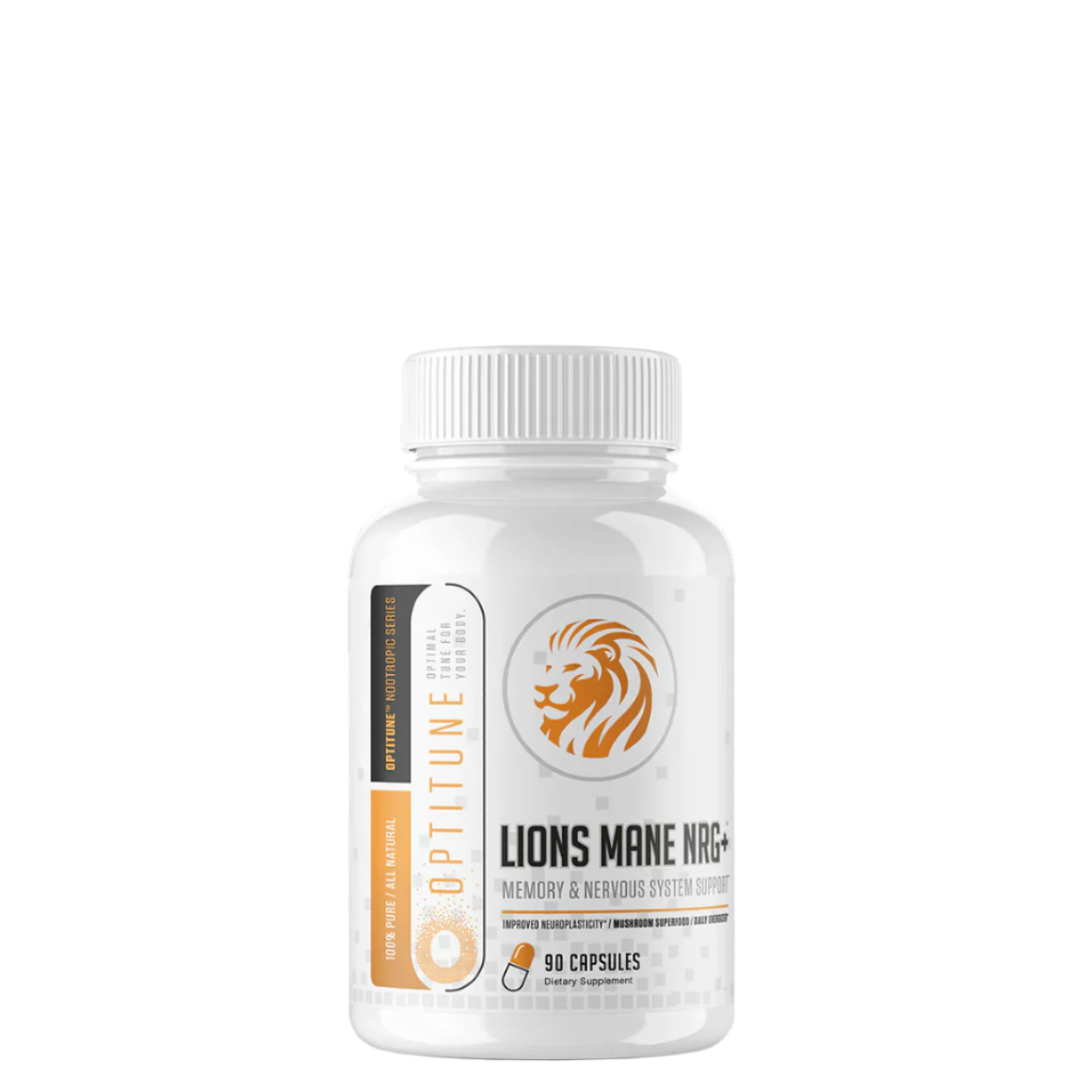A bottle of Optitune by Musclesport Lions Mane NRG dietary supplement with 30 servings of Lion’s Mane mushroom, caffeine, yerba matte, green tea, and theanine.