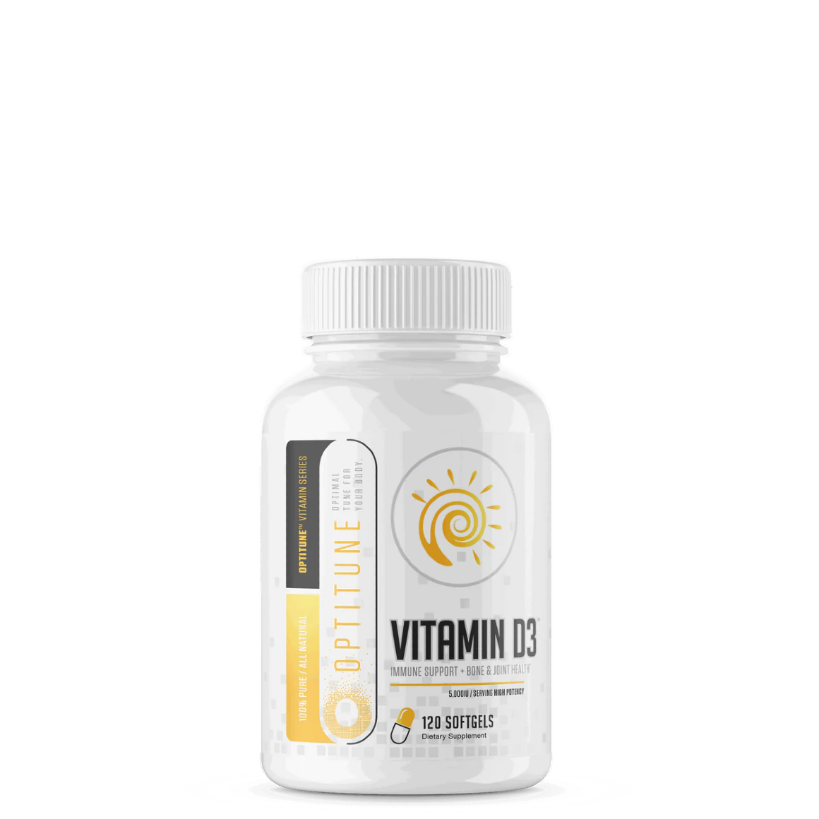 A bottle of Musclesport Optitune Vitamin D3 supplements with a white and yellow label.