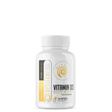 A bottle of Musclesport Optitune Vitamin D3 supplements with a white and yellow label.