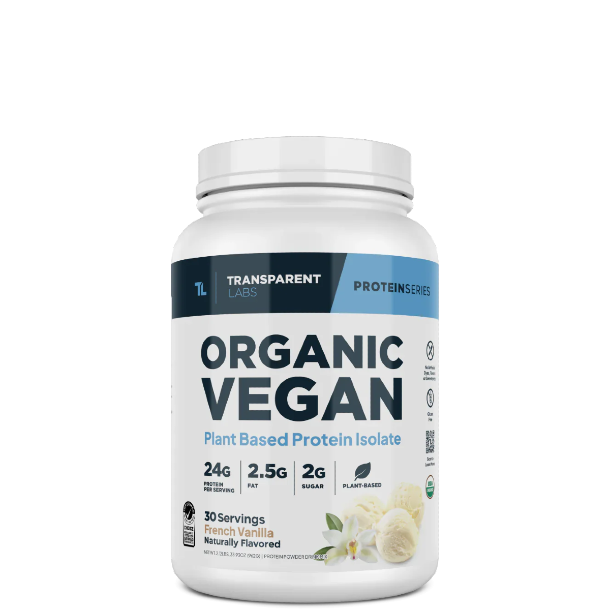 A container of Transparent Labs Organic Vegan Protein powder, which is a white powder packaged in a white jar with blue and green label.